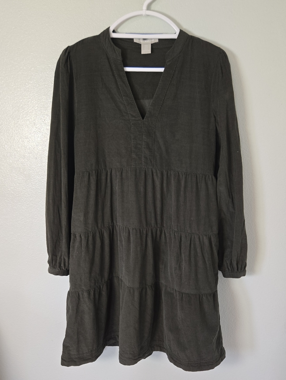 Lucky Brand | Dark Olive Green Corduroy V Neck Baby Doll Dress Size XS